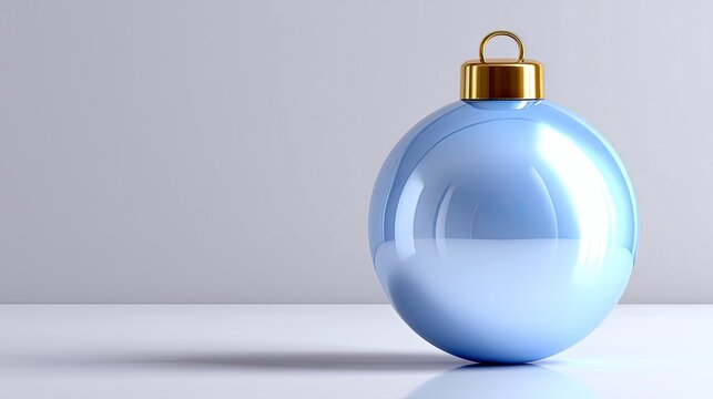 A single, pale blue, spherical Christmas ornament with a gold cap sits on a reflective white surface against a soft gray background. The lighting is gentle and