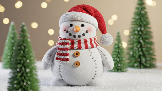 Cute snowman christmas decoration holiday season winter scene festive mood christmas trees and bokeh lights