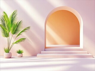 A minimalistic architectural scene with palm plants, an archway, steps, and soft lighting. The scene is bathed in sunlight, creating shadows and a warm atmosphe