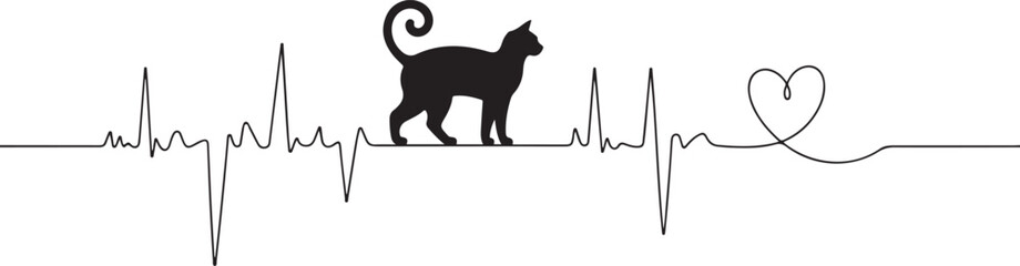 Heartbeat line with bengal cat silhouette cat and heartbeat frequency with heart