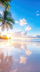 A beautiful beach scene at sunset with palm trees, the ocean, and the sun reflecting on the wet sand. The sky is blue with clouds.