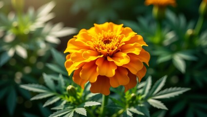 Fototapeta premium Vibrant orange marigold flower in garden