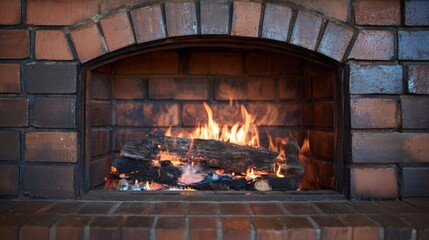 Close-up of a red brick fireplace with burning firewood and glowing flames, arched top design, dark brown bricks, creating a warm and cozy atmosphere for living room or home interior.