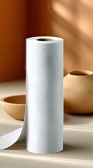 A roll of white paper towels stands upright, next to ceramic bowls and vases, lit by warm, natural light.