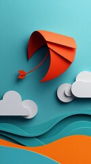 A vibrant paper art illustration of a kite soaring in a blue sky with white clouds and layered waves, creating a playful and artistic scene.