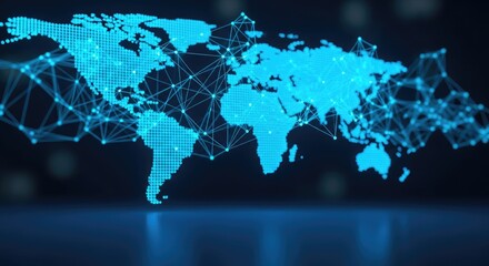 A digital world map with glowing blue nodes and lines connecting them, set against a dark blue background.