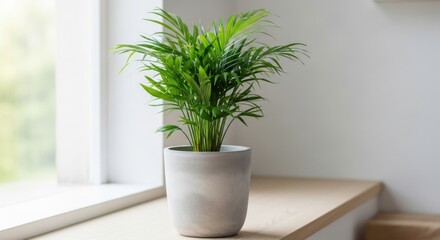 Vibrant green parlor palm in a stylish concrete pot brings natural freshness to a modern home interior.