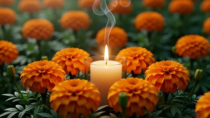 Lit candle with smoke among orange marigold flowers