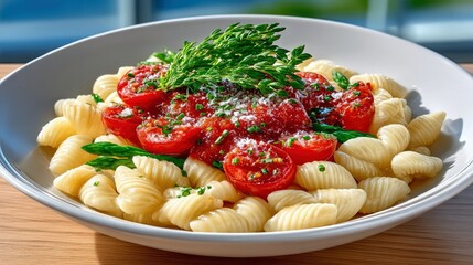 Close-up shot of a pasta dish with tomatoes, herbs, and cheese in a white bowl. The dish is placed on a wooden table, with natural lighting.