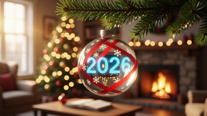 2026 neon ornament on pine branch with Christmas tree and fireplace