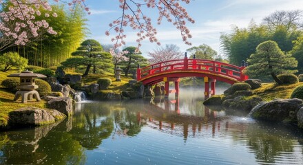 Tranquil Japanese garden with red bridge cherry blossoms and reflections