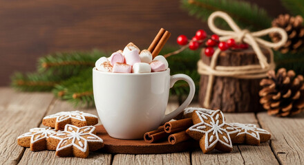 Hot chocolate with marshmallows and gingerbread cookies a cozy winter treat perfect for holiday cards and seasonal promotions