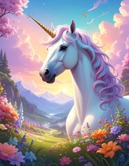 Naklejka premium Unicorn in a Dreamy Landscape - A Fantasy Art Piece.