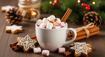 Hot chocolate with marshmallows and cinnamon sticks festive gingerbread cookies a cozy winter treat for holiday celebrations