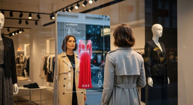 Woman trying on virtual red dress with smart mirror in fashion boutique