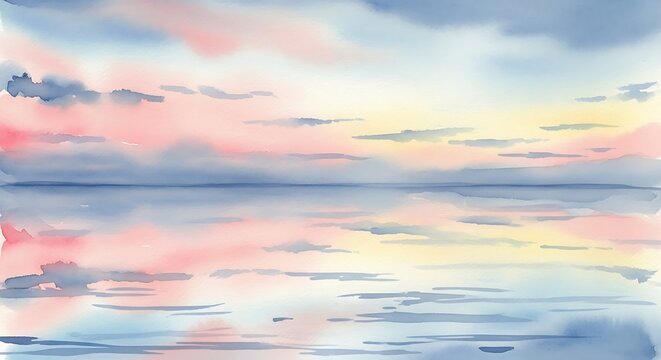 Watercolor painting of serene seascape with pastel colors dawn sky