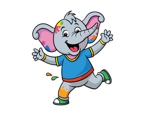 happy elephant dancing with holi colors colorful cartoon illustration vector design