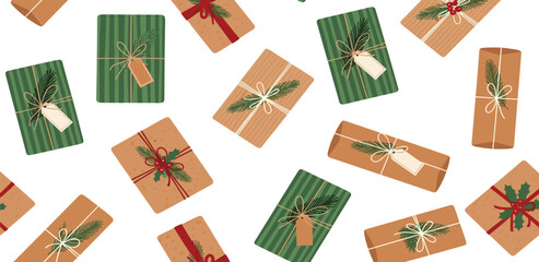 Seamless pattern of beautifully wrapped holiday gifts with festive ribbons and tags, perfect for joyful celebrations and special occasions and conveying a spirit of generosity