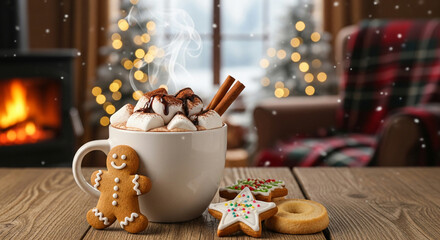 Cozy winter scene with hot chocolate topped with marshmallows and cookies perfect for holiday cards and seasonal promotions
