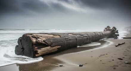 Large driftwood log on a misty ocean beach