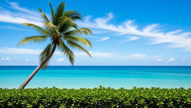 Leaning palm tree on tropical beach with turquoise ocean and blue sky
