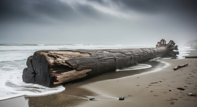 Large driftwood log on a misty ocean beach - Powered by Adobe
