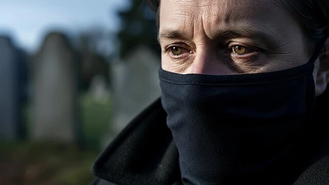 A somber close-up of a masked person in a cemetery.