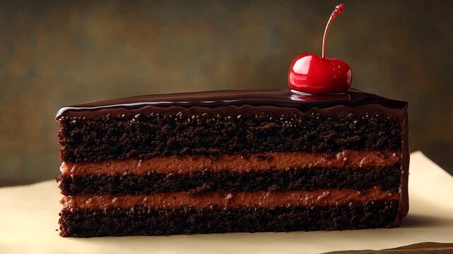 Chocolate cake slice with cherry on top, dessert focus