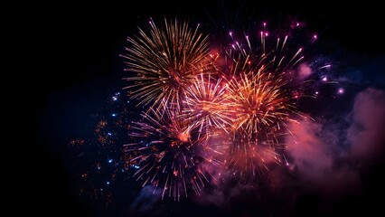 Obraz premium Colorful pyrotechnic fireworks burst over the dark night sky in a brilliant holiday celebration display