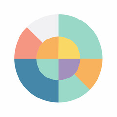 Fototapeta premium A minimalist flat design illustration of a circular chart with four equal segments and a central circle, showcasing a variety of pastel colors, perfect for data visualization and infographic elements
