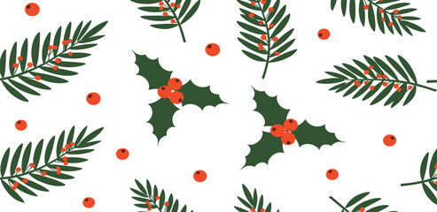 Festive Holiday Pattern Holly Berries, Pine Branches, and Christmas Cheer on White Background