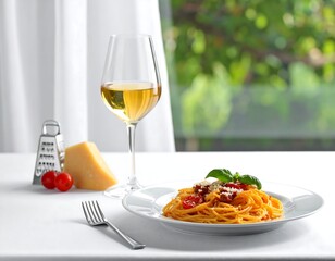 Plate of pasta with tomato sauce, a glass of wine, cheese, and tomatoes