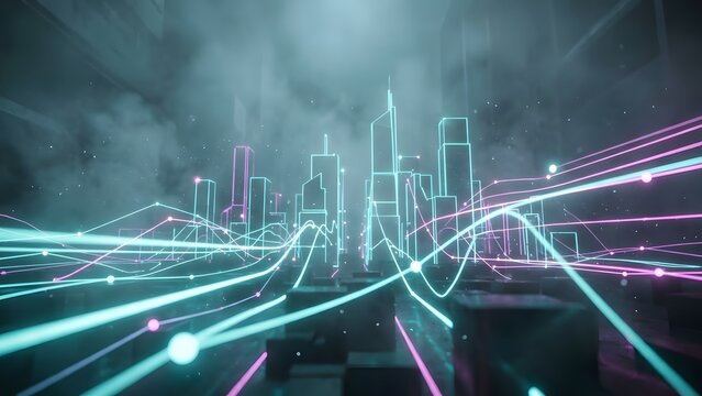 Glowing neon node lines form a stylized city skyline silhouette in smoky haze; conveys futuristic urban data, technology and digital networking concepts.