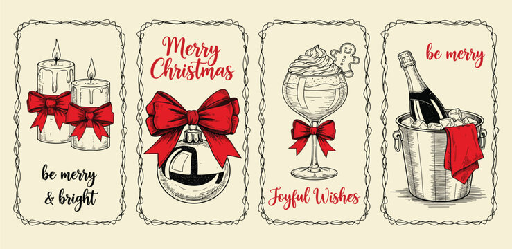Festive Christmas greeting card designs featuring candles, ornaments, drinks, and champagne for holiday well wishes