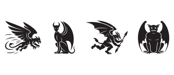 Gargoyle Silhouette Designs, Mythical Winged Creature Vector Art Collection.
