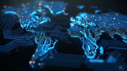 A sapphire blue glowing world map with microchip circuitry provides a premium tech feel for high-tech corporate projects.