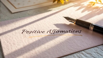 Inspiring positive affirmations on a pink envelope with a fountain pen capturing a moment of self-empowerment and mindfulness