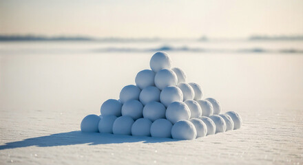  Large pyramid of snowballs on snow field – Symbol of readiness and excitement