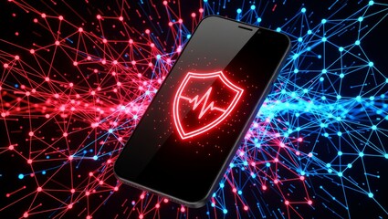 Smartphone displaying security shield on digital network background