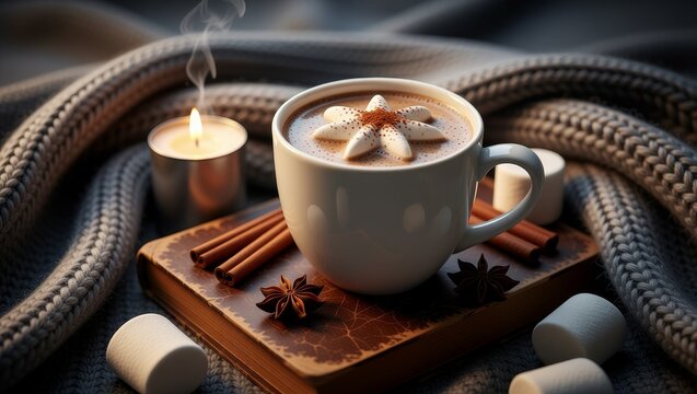 Hot chocolate with whipped cream and cinnamon on cozy blanket