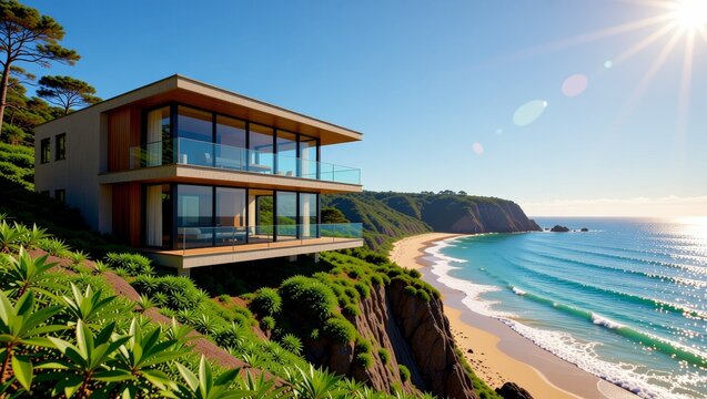 Modern cliffside house overlooking ocean beach