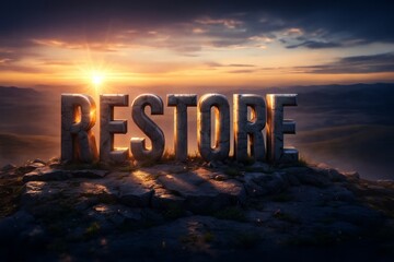Restore &mdash; Stone Letters on Bright Horizon.
The weathered 3D stone word &ldquo;RESTORE&rdquo; illuminated by a warm horizon glow, symbolizing healing, renewal, and God&rsquo;s work of restoration.