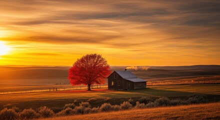 Golden Sunset Over Lone Red Tree and Rustic Cabin