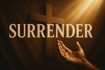 Surrender &mdash; Hands Raised Before the Cross.
The 3D word &ldquo;SURRENDER&rdquo; placed with a warm, worshipful glow, symbolizing humility, letting go, and yielding to God&rsquo;s will.