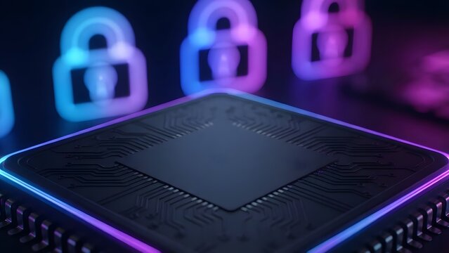 Close-up of a matte microchip surface with neon padlock-shaped bokeh in background, conveys security, high-tech innovation and futuristic digital protection.