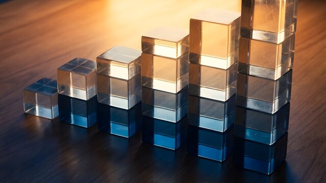 Low-angle close-up of stacked acrylic blocks forming a glowing bar graph, conveys financial growth, aspiration and modern business success. - Powered by Adobe