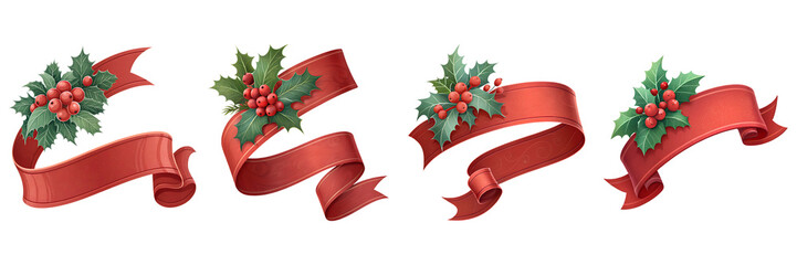 A festive set of Christmas ribbon banners decorated with holly leaves and red berries. Perfect for seasonal design, invitations, labels, packaging, and holiday-themed graphics.