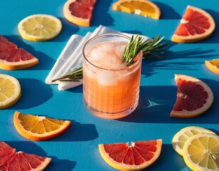 Refreshingly vibrant citrus cocktail with rosemary garnish, perfect for summer gatherings and healthy lifestyle promotions on bright blue background