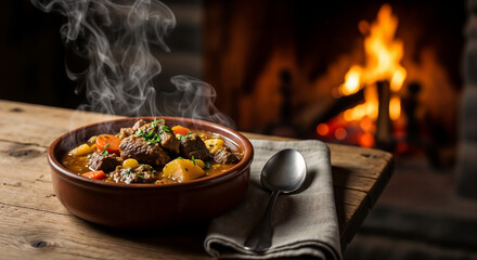 Hot mutton stew by the fireplace – Symbol of rustic coziness and nourishment