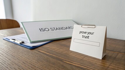 ISO Standard Sign on Desk with Paperwork and Trust Statement Displayed in Modern Office Environment